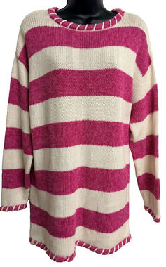 Vintage Hunt Club Sweater Women's Medium Pink White Striped Whipstitch Trim NEW